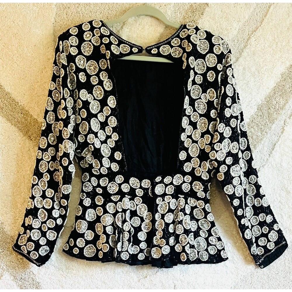 Vintage 80s Judith Ann Creations Pearl Bead Silk Open Back Blouse Sz S Silver